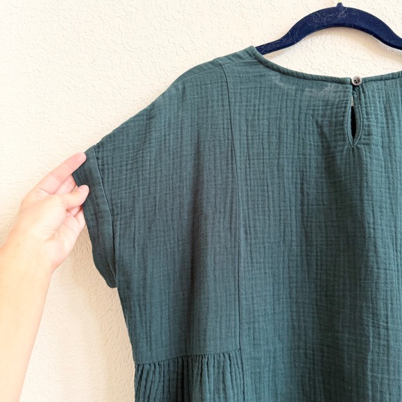 Madewell Lightspun Cuffed-Sleeve Shirred Top Green Cotton Gauzy Boxy Blouse - Picture 6 of 10